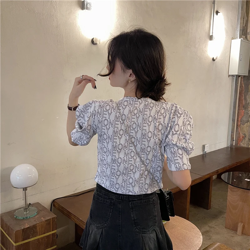 Feminina das Senhoras Camisa Topos Moda Verão Tripulação Pescoço Pulôver Letras Soltas Manga Curta Puff Mangas Estilo Maiden Tenafeicc 9 Computers & Electronics