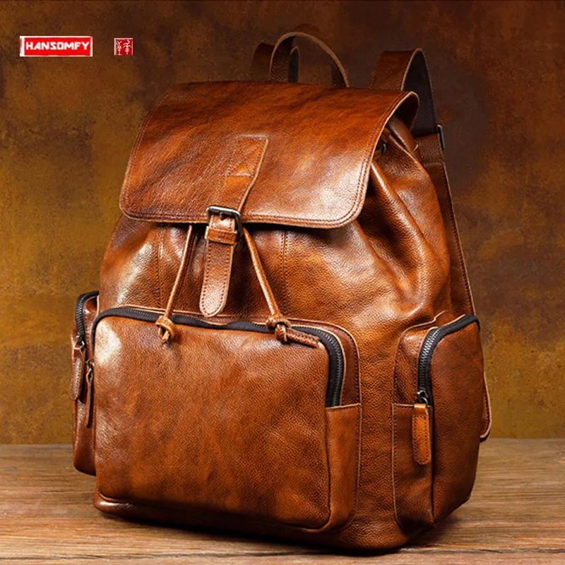 

First Layer Cowhide Vegetable Tanned Retro Men Bag Backpack Schoolbag Genuine Leather Backpack Casual Large Capacity Travel Bags
