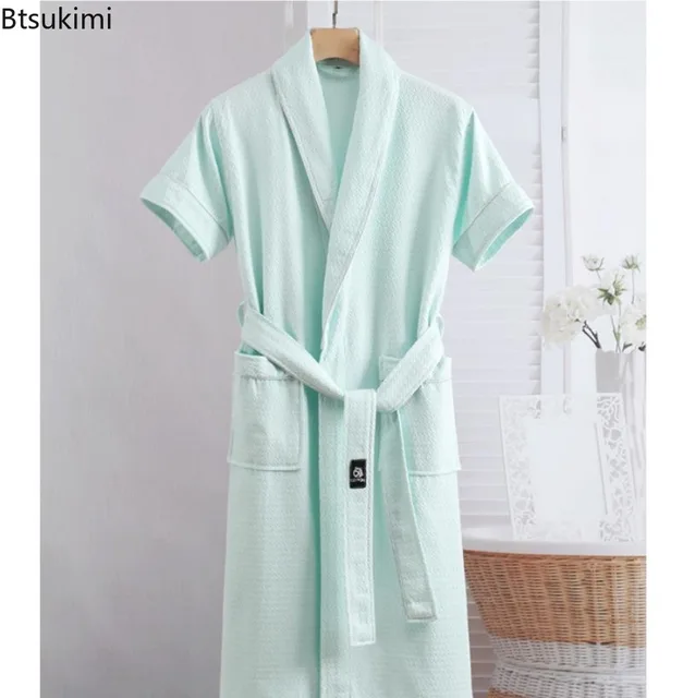 104623-d07863.jpg Nouvelles Robes de Chambre en Gaze de Coton Pur pour Couples Été – Peignoirs Fins à Manches Courtes, Robes de Nuit, Tenues d'Intérieur, Couleur Unie, Peignoirs d'Hôtel