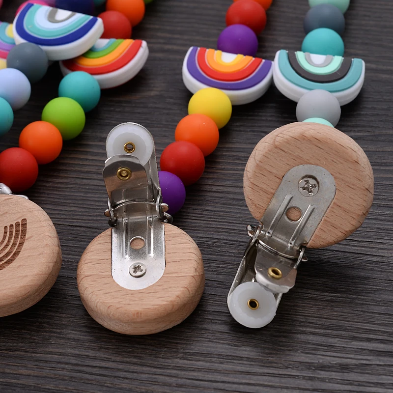 Beech Wooden Baby Pacifier Clip Handmade Cartoon Rainbow Silicone Teething Beads Infant Nipple Chain Nursing Toy Chew Gift 6