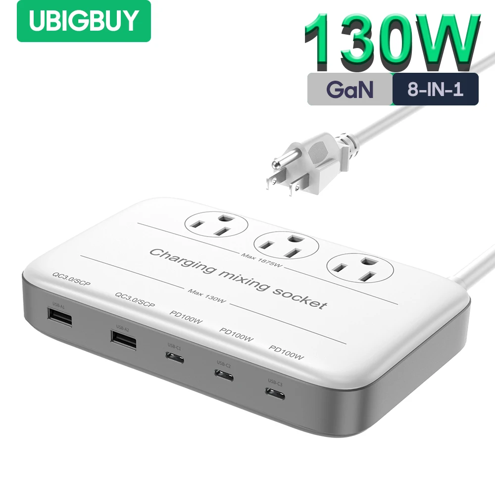 

Ubigbuy GaN USB C Charging Station Power Strip 130W with 3 Outlets Extender 1875W, 3 USB-C 100W and 2 USB-A 30W Fast Charger