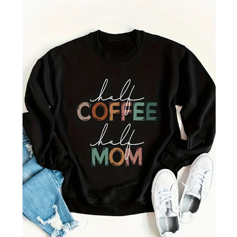 COFFEE MOM Print Pullover Sweatshirt Casual Long Sleeve Oversized Pullover Crew Neck Plus Size Hoodie Women's Clothing