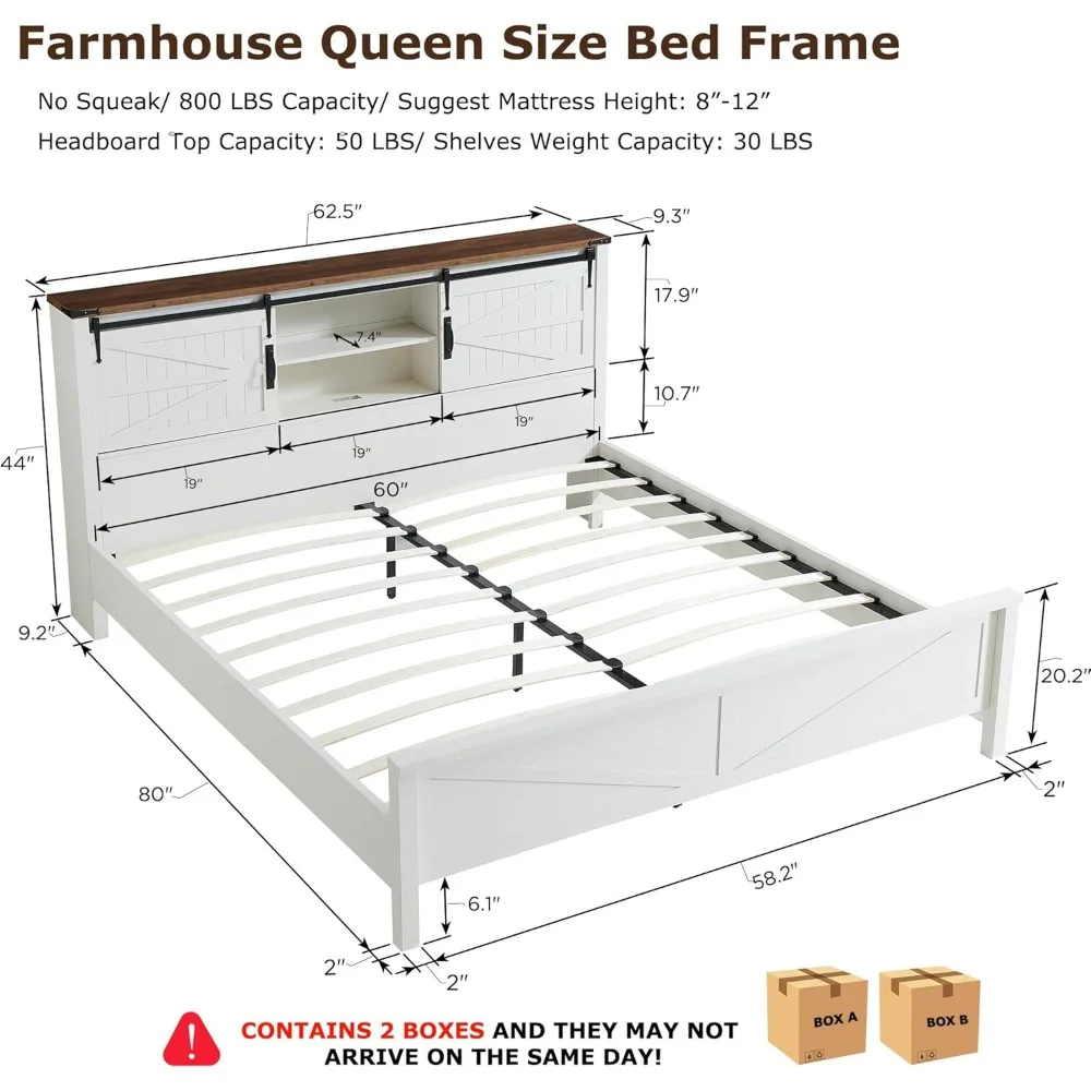 Farmhouse Queen Size Bed Frame w/Storage Bookcase Headboard, Sliding Barn Door, Charging Station, Rustic Wood Platform 2