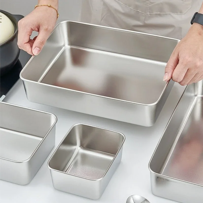 Food Storage Trays Rectangle Preservation Box with Plastic Cover Stainless Steel Multi-Function Rustproof Barbecue Food Storager 3