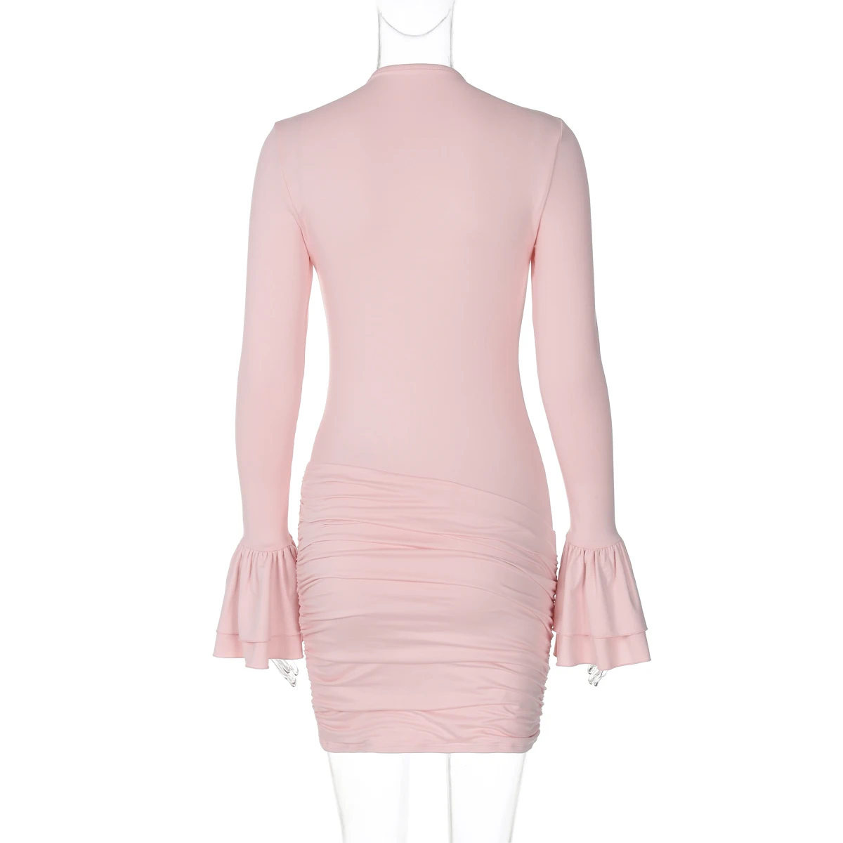 O Neck Long Flare Sleeve Bodycon Mini Dress Solid Ruched Elegant Evening Sweet Party Dresswholesale Korean Clothes