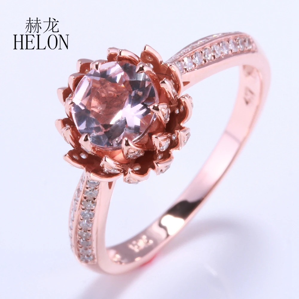 

HELON Solid 10K Rose Gold Flawless Round 6mm Genuine Natural Morganite Diamonds Lotus Flower Jewelry Engagement Wedding Ring