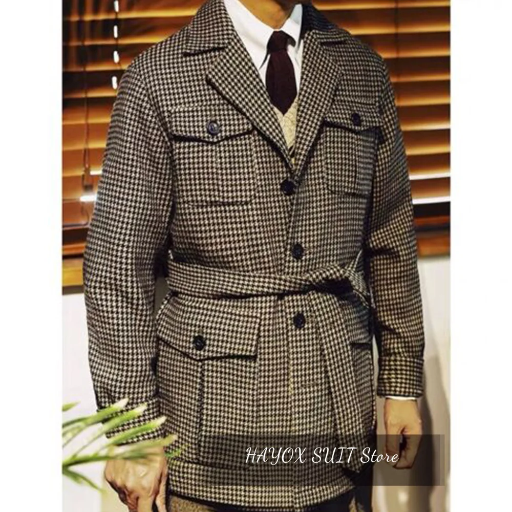 Thousand Bird Check Men's Casual Fashion Business Hunting Jacket With Belt Single Breasted Hunting Jacket Slim Customized