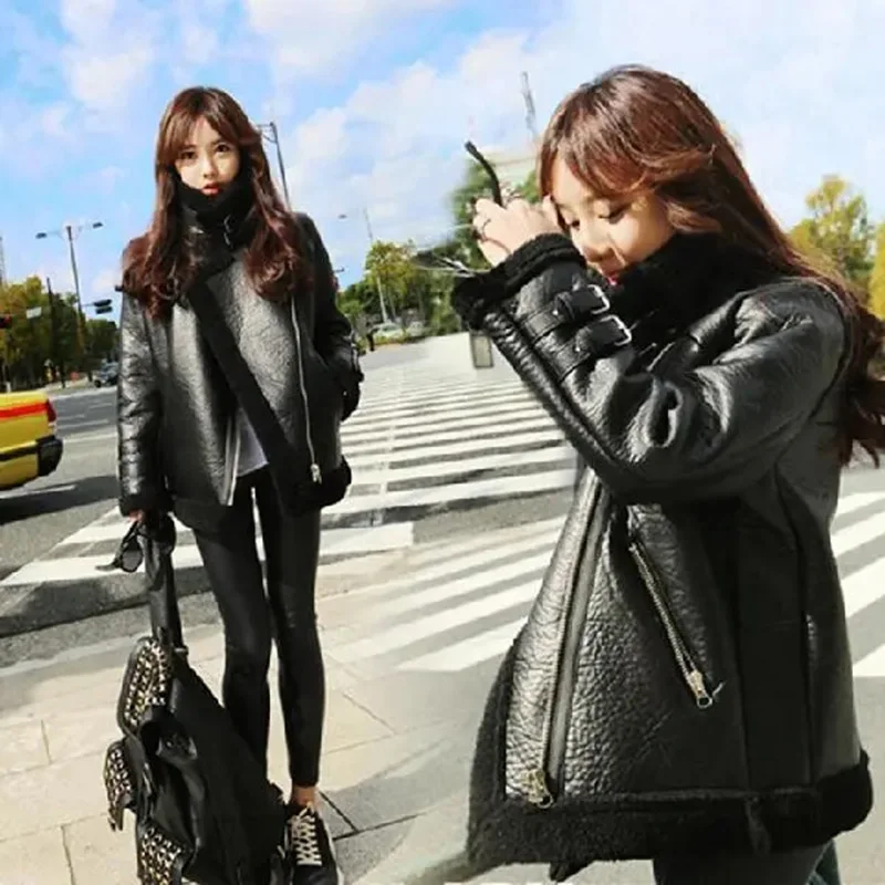 

2023 New Women's Motorcycle Leather PU Leather Jacket Fashion Fur Inside Winter Warm Thick Casual Black Jacket Plus Size S~3XL