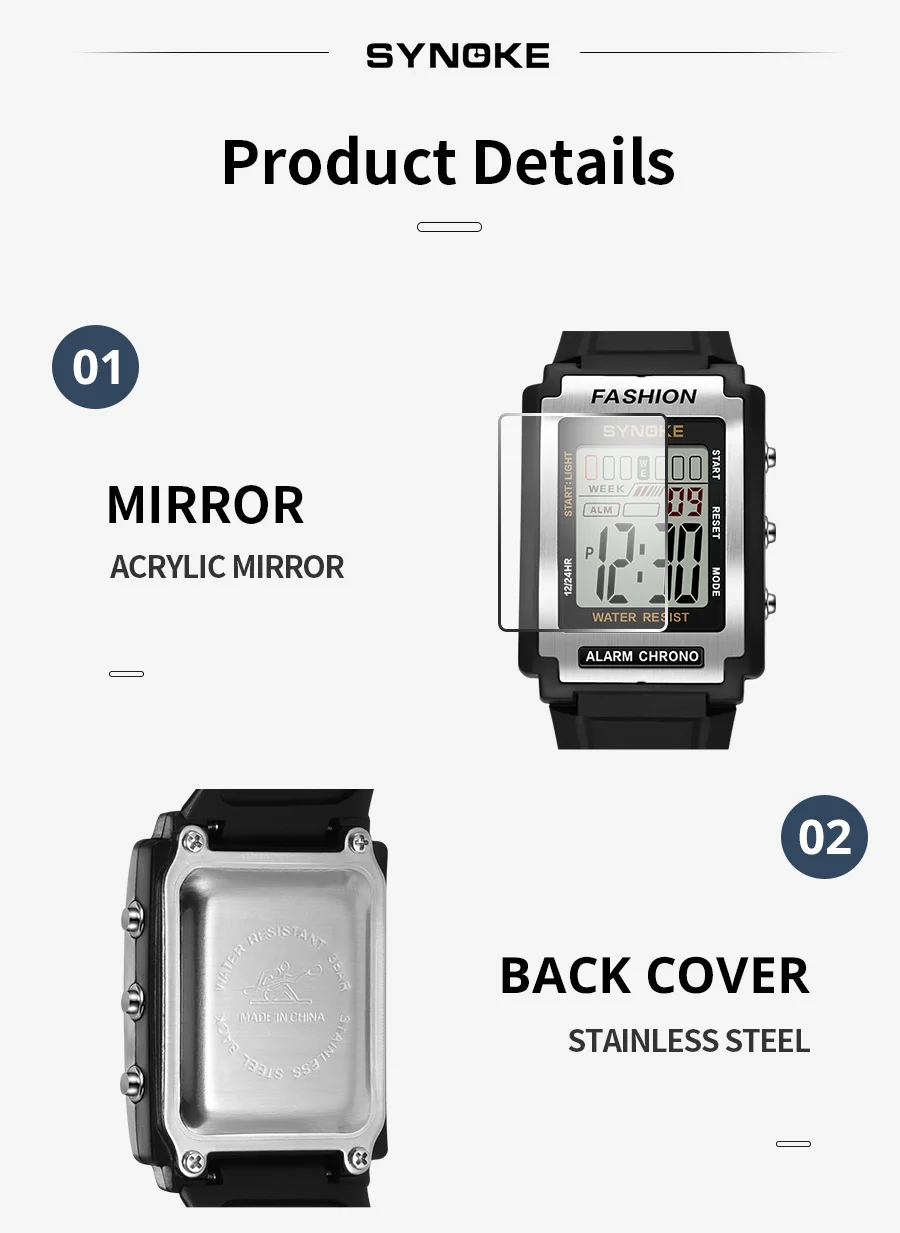 SYNOKE Men Rectangular Sports Electronic Watch Waterproof 50M Night Light Large Screen Alarm Clock Trend Retro Style