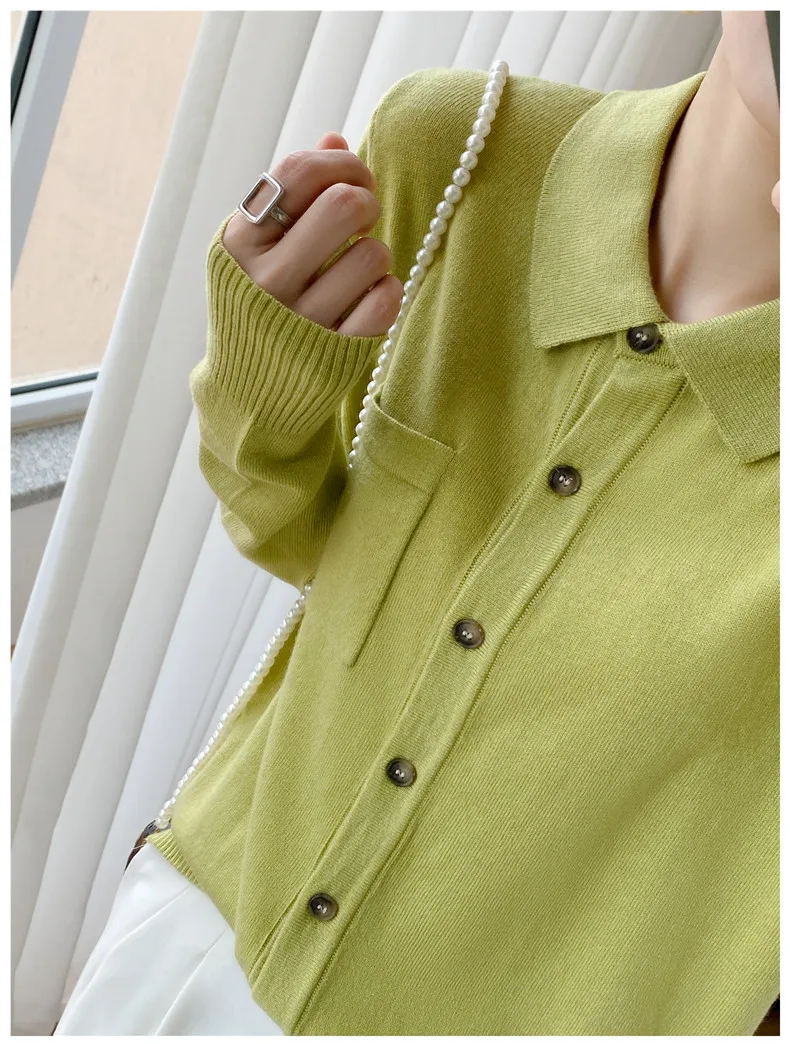 WinvyNee Women's Elegant Spring Knitted Cardigan Wool Polo Neck With Pockets Solid All-Match Casual Soft Tops Coats ZB1047006