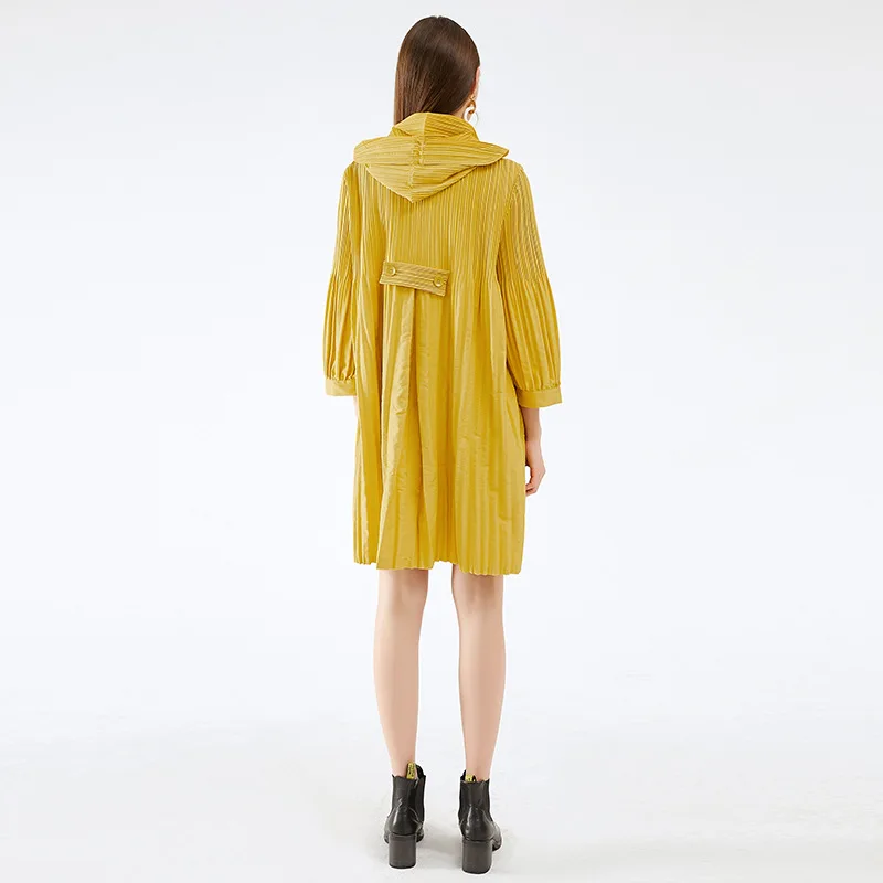 Miyake Pleats Pleated Hooded Windbreaker Jacket Fall 2023 Winter New Korean Fashion Double Breasted Loose Women Long Trench Coat