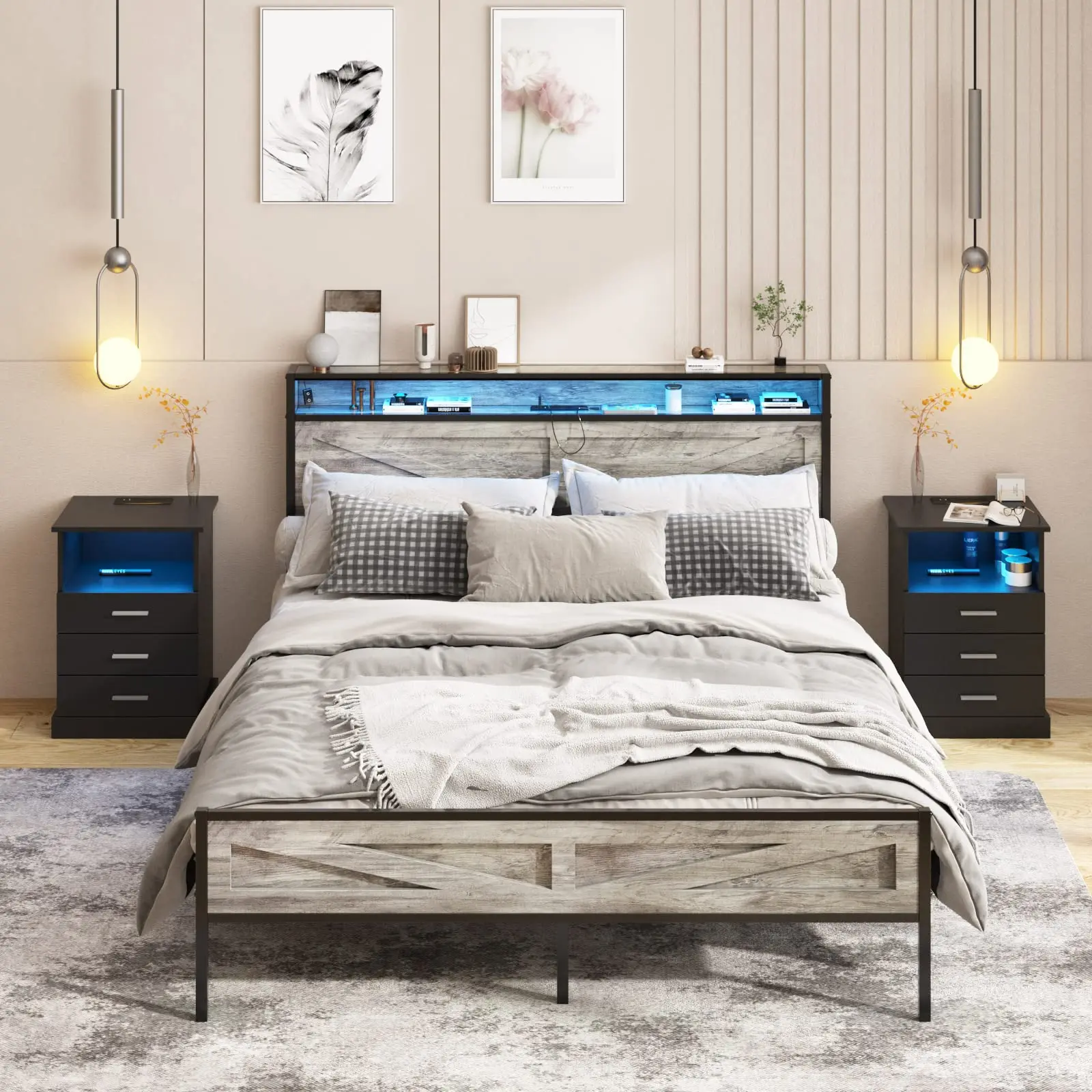 Vabches Queen Size Bed Frame with Storage Headboard Metal Platform Bed Frame with Power Outlet&LED Lights for Bedroom Noise Free 2