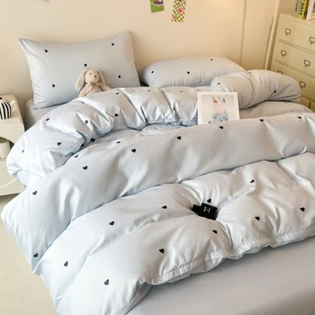 Ensemble de housse de couette bleue 3 pièces (1 * housse de couette + 2 * taie d'oreiller, sans noyau), parure de lit imprimée cœur, douce et confortable 1