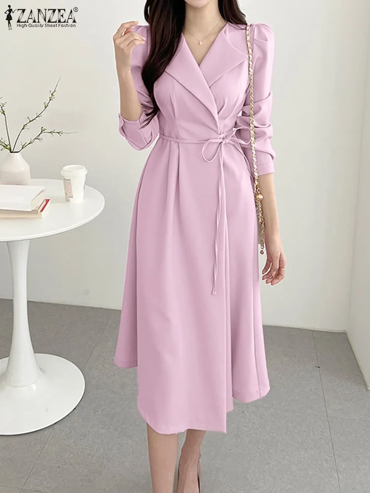 

Осеннее женское платье ZANZEA, модный сарафан с длинным рукавом и воротником с лацканами, женское однотонное рабочее платье, кафтан, платье средней длины на шнуровке