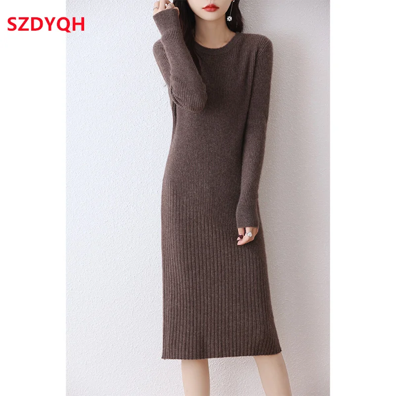 

2023 Autumn Winter High Elasticity 100% Wool Sweater Dress Women Thicken Warm Slim Dresses Female Casual Basic Knitted Pullover
