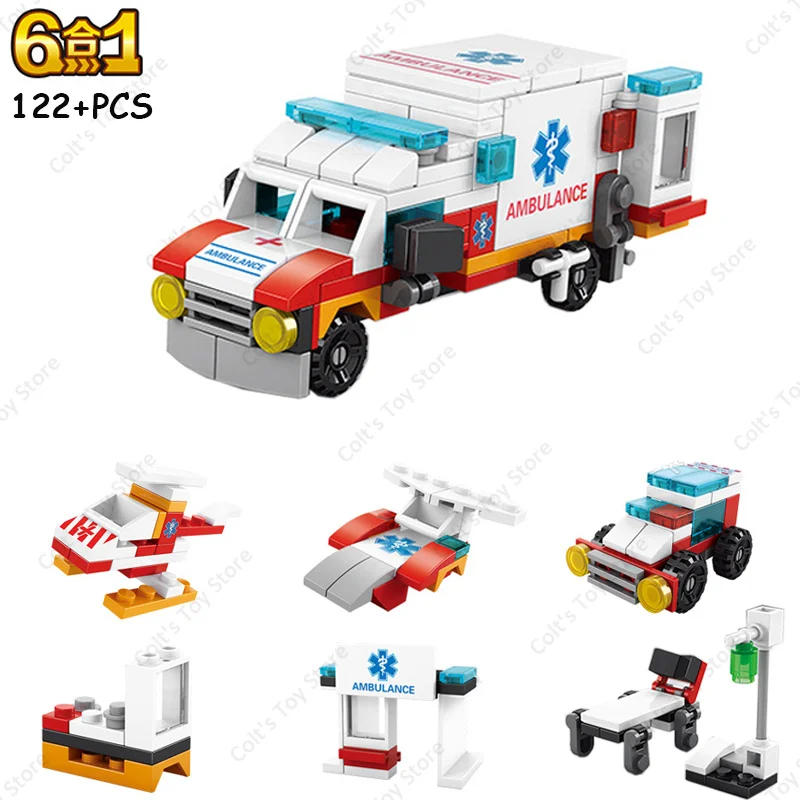 City Series Medical Ambulance 6 In1 MOC Building Blocks Kit Bricks Rescue Vehicles Doctor Car Classic DIY Model Kid For Toy Gift 2