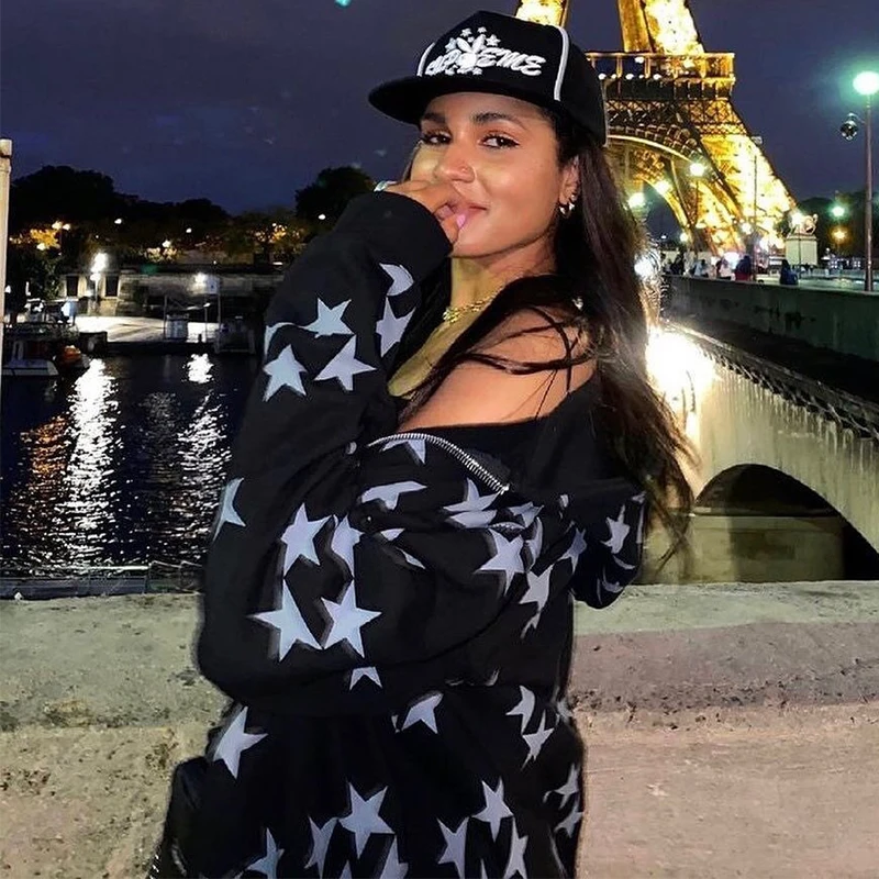 

Harajuku Long Sleeve Outerwear Jackets Y2k Fashion Hoodies Star Zip Up Hoodie Grunge Clothes Women's Men's Oversized Sweatshirt