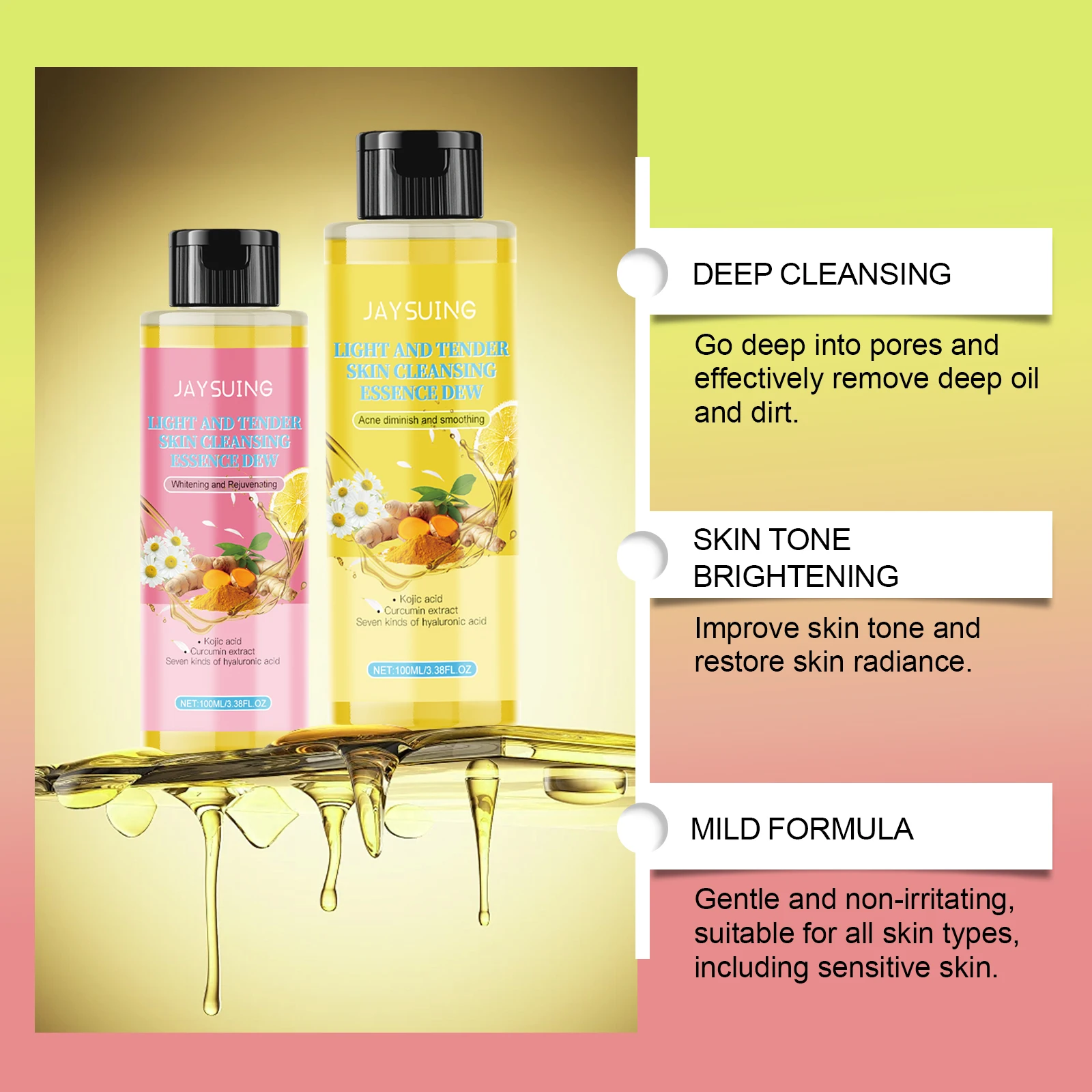 JAYSUING Turmeric Face Wash Serum Kojic Acid Cleansing Pads Exfoliating Brightening Daily Cleansing Acne Treatment Face Care Kit 2
