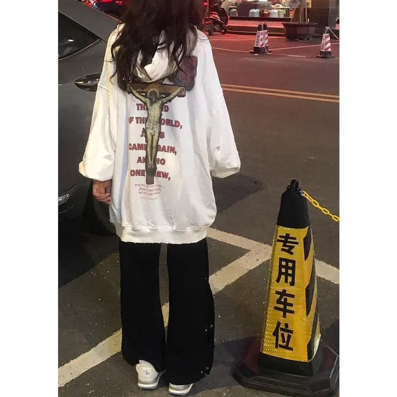 

White Women Sweatshirt Round Neck Pullover Vintage Letter Jacket Long Sleeve Korean Fashion Casual Y2K Autumn NEW Female Tops