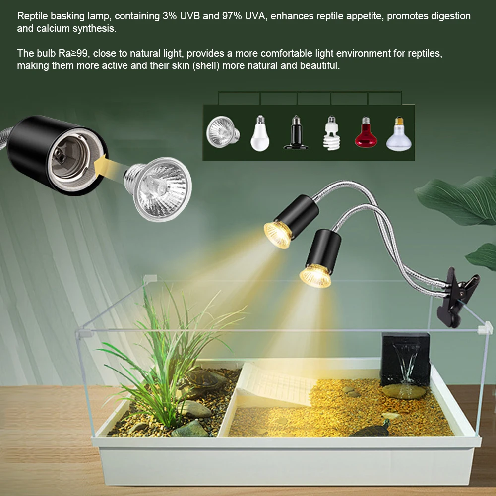 Reptile Heating Lamp Reptile Heat Lamp Rotating Double-Head Reptile Light Bracket UVA/UVB Bulb 25W/50W/75W for Turtle Lizards Snake Plants