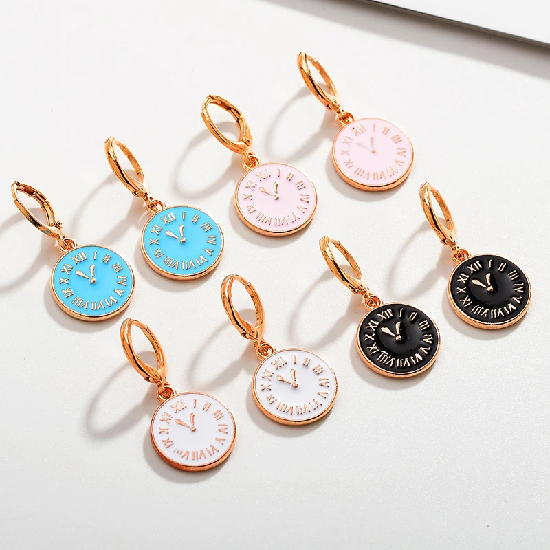 Round Clock 14*32mm 2Pairs Hoop Women's Personality Earrings Colorful
