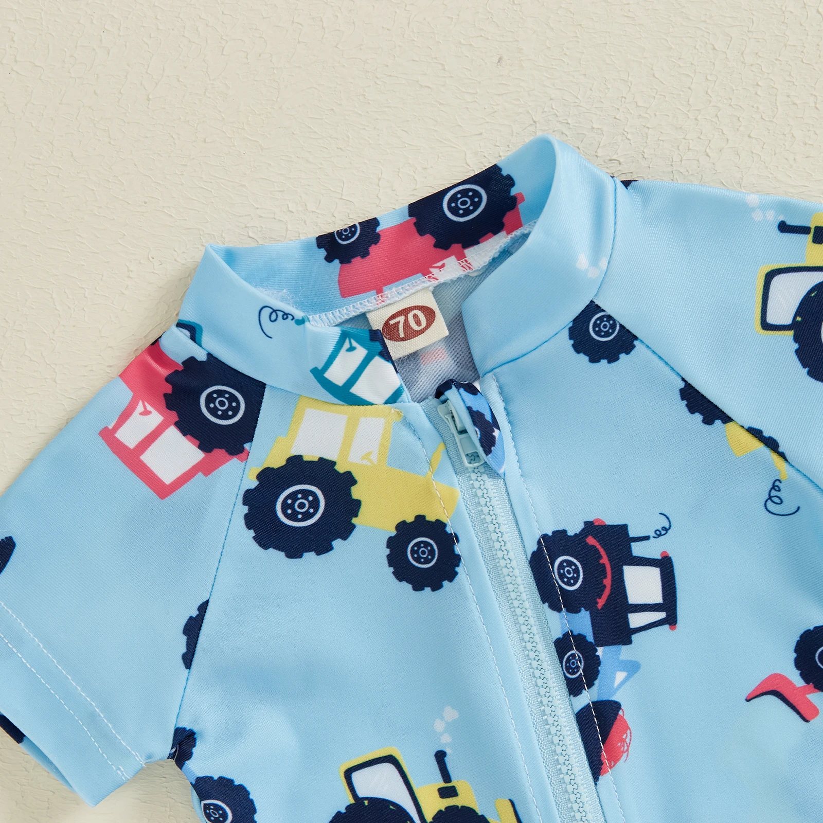 Summer Toddler Baby Boys Zip Up Rash Guard Tractor Fish Print Short Sleeve Swimwear Children Beachwear Bathing Suit Swimsuit