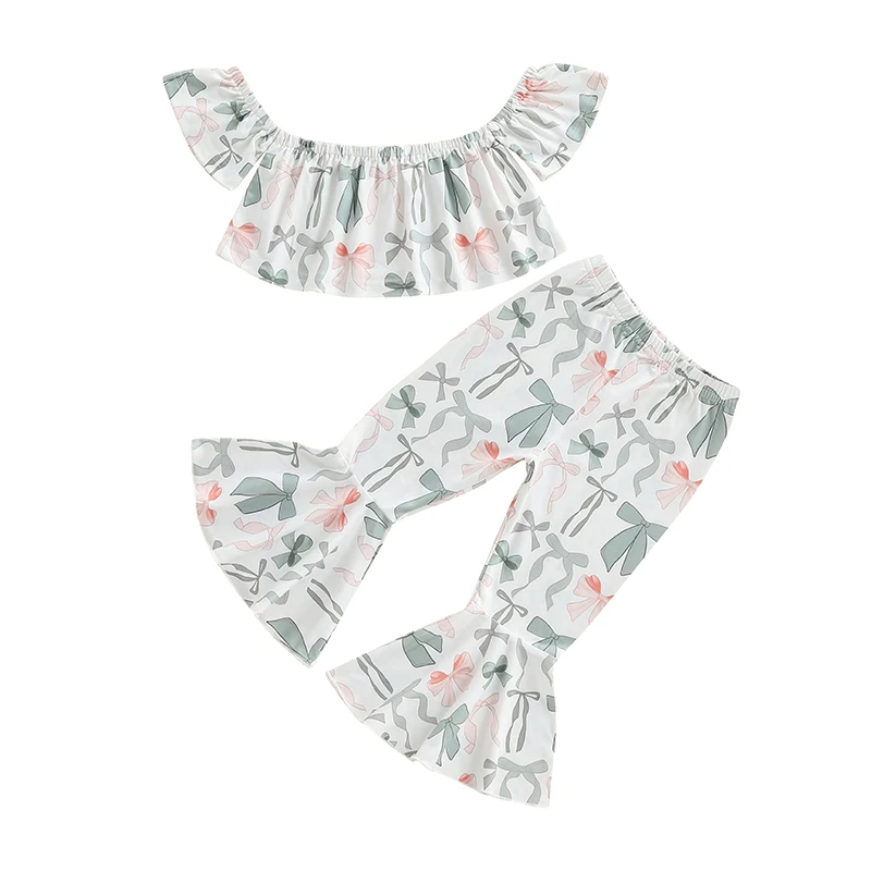 Kids Girls 2 Piece Outfits Bow Print Off-Shoulder Crop Tops and Elastic Flared Pants Summer Clothes