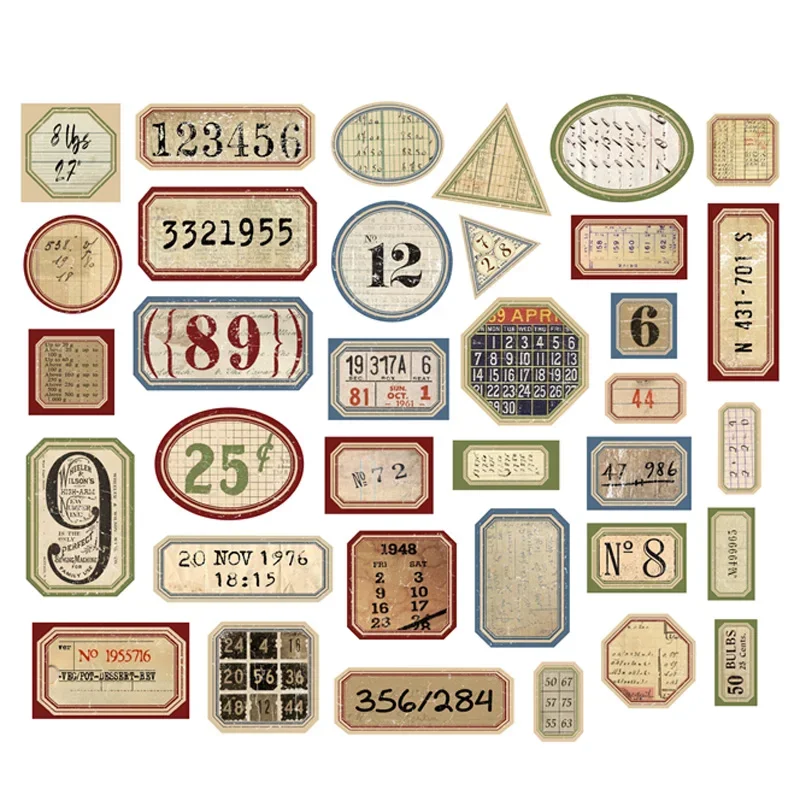 DIY Scrapbooking Accessories 31Pcs Number Label Junk Journal Ephemera Vintage Stickers Retro DIY Album Tim Holtz Style Scrapbooking Material Craft Stickers
