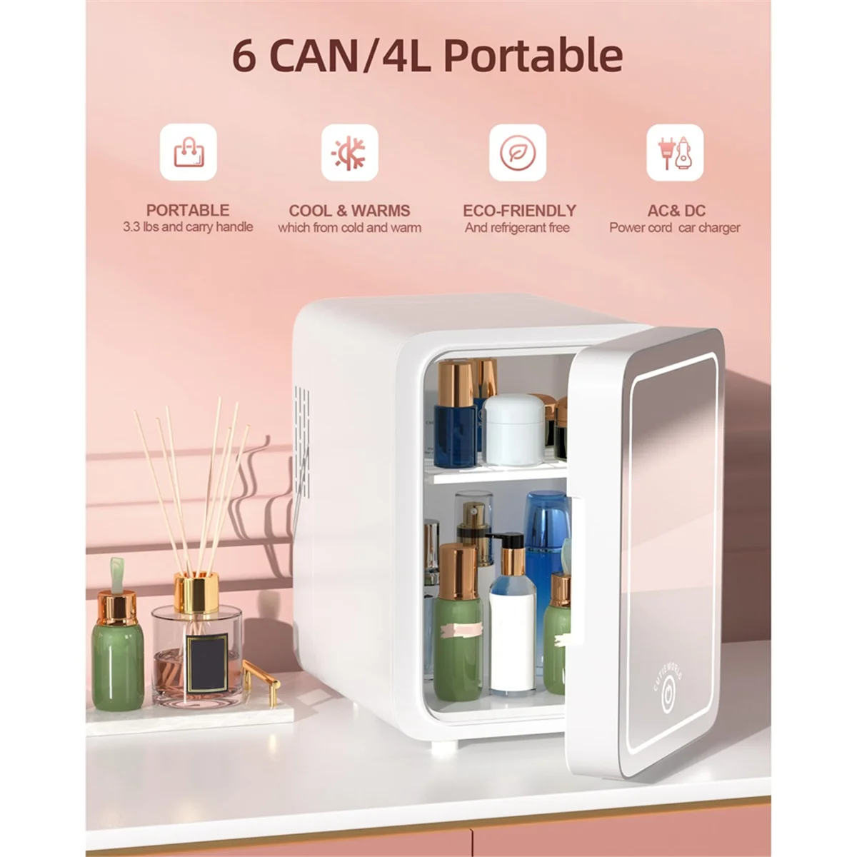 Makeup Fridge with LED Light Mirror 4L Mini Fridge for Bedroom Car Small Refrigerator for Cosmetics, Skin Care US Plug
