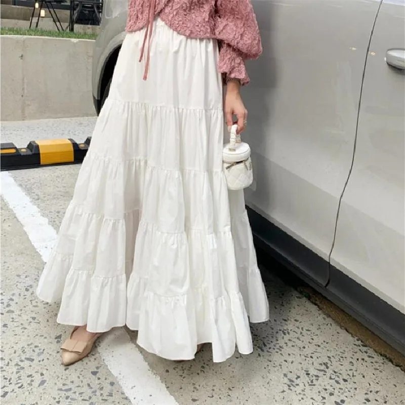 Spring Summer Women Chiffon Skirts Vintage High Waist Elastic Patchwork White Black Chic Long Cake A-line Skirt for Student