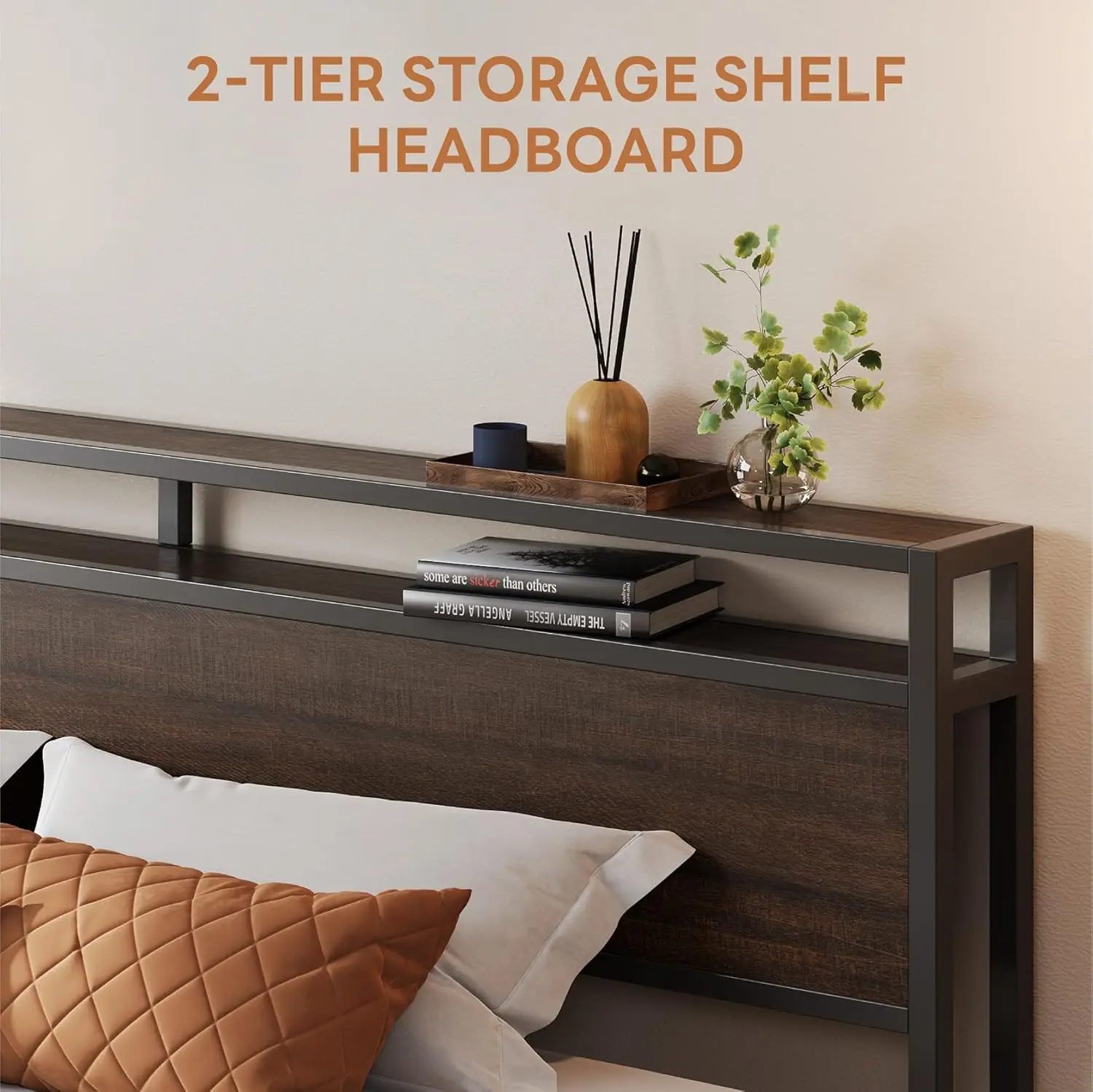 King Bed Frame with Headboard, Dark Wood Camas King with Strong Supports, Sturdy, Noise-Free, No Box Spring Needed, Dark Brown