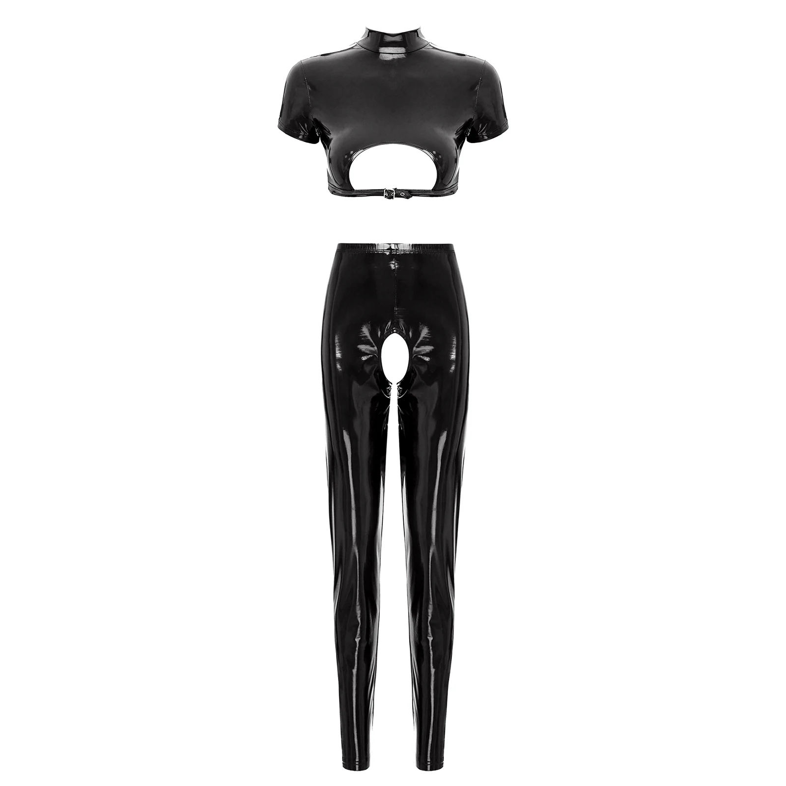 thumbnail image 1 of Conjunto de lencería Sexy de charol con aspecto mojado para mujer, sujetador con copa abierta recortada, Top corto con mallas de cintura alta sin entrepierna, pantalones ajustados, 1 of 5
