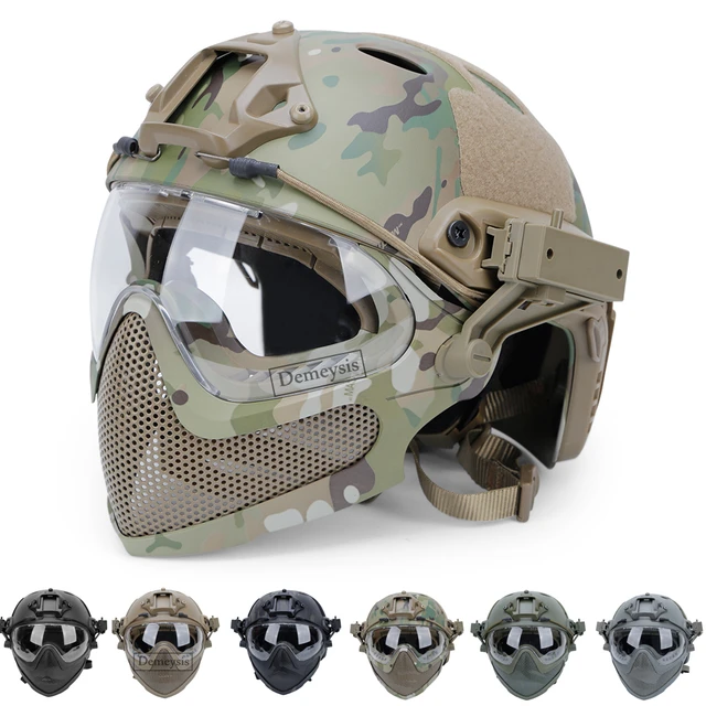 Conjunto de casco táctico, máscara y gafas para exteriores, Airsoft,  Paintball, protección facial completa, FAST PJ