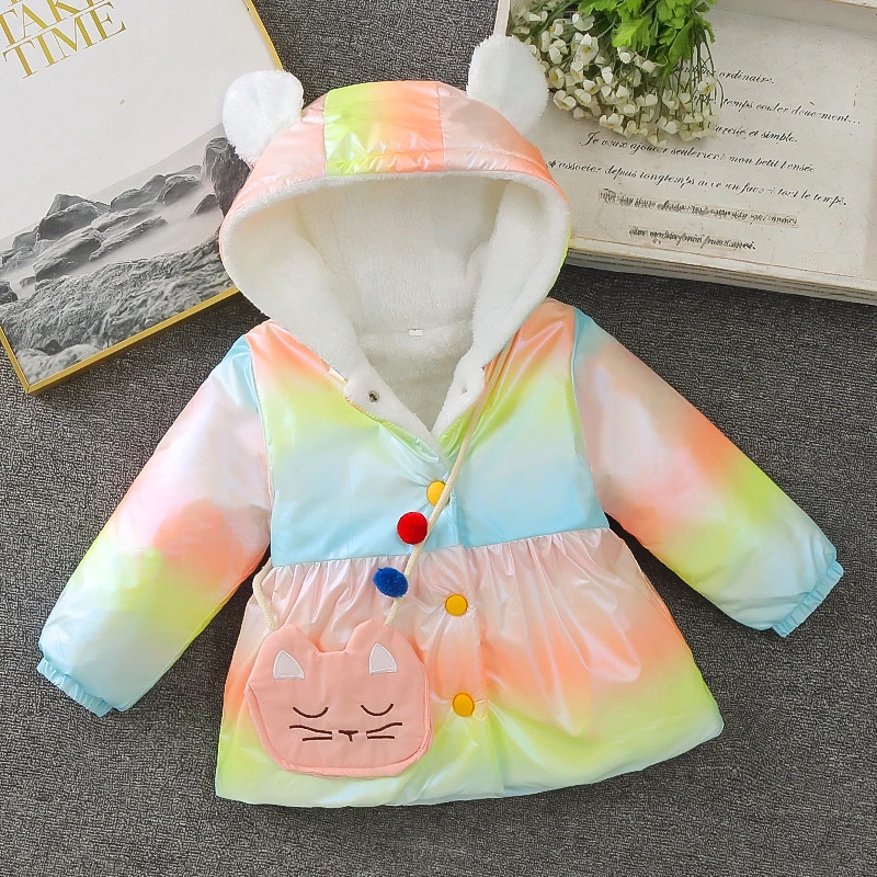 2Pcs/set Winter Warm Children Coat Colorful Baby Girl Clothing Cat Ears Sweet Kids' Costume + Cat Bag 1-4 Y Cute Toddler Clothes