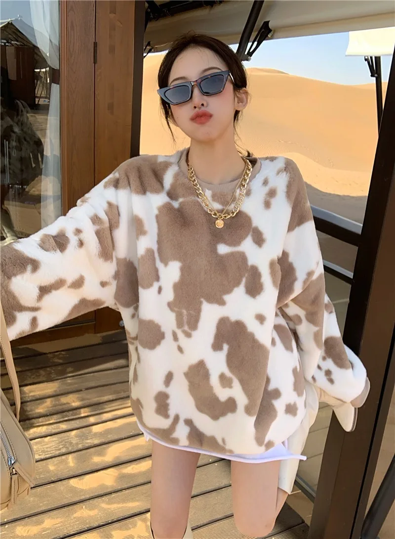 Flannel Pattern Leopard Print Long Sleeve O-Neck Retro Pullover Sweatshirt Graphic Hoodie Ladies Clothes Top Casual Winter