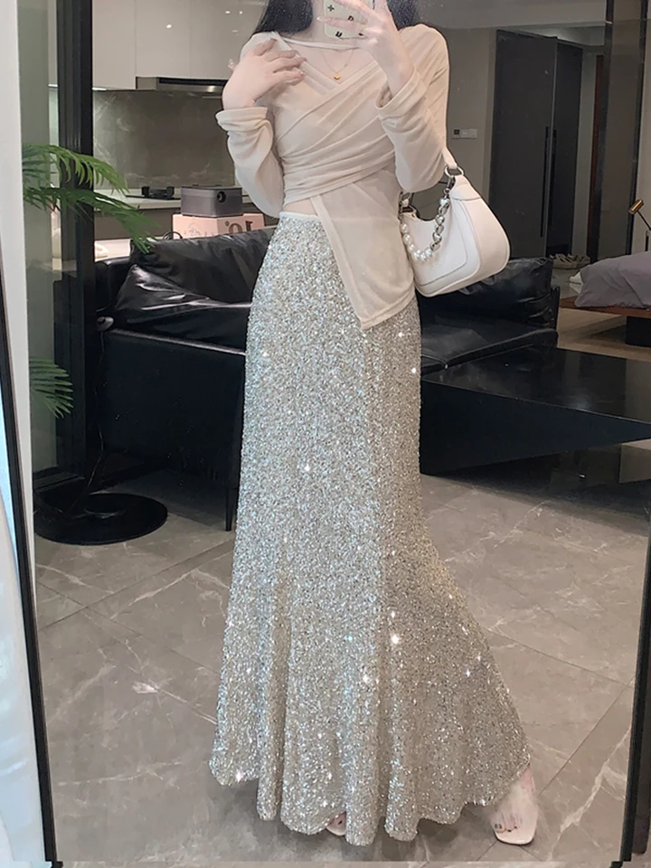 Gonna Lunga A Vita Alta Donna - Stile Coreano, Taglio Sirena, Vestibilità Aderente, Per Matrimoni E Feste, Colore Unito