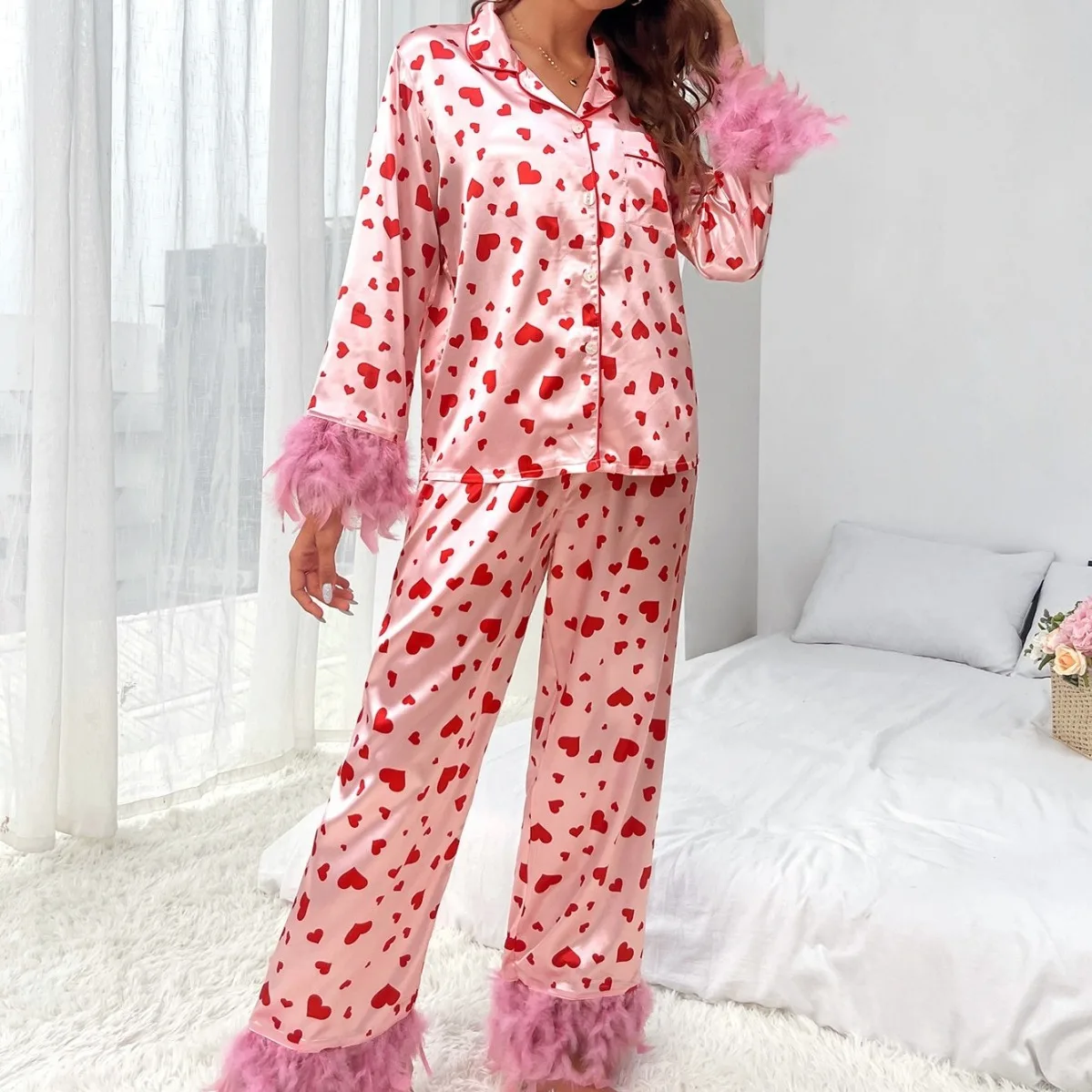 Spring 2024 New Girls Pajamas Set Valentine Day Sweet Love Print Casual Simple Home Set Comfortable Pajamas Long Sleeves Exotic