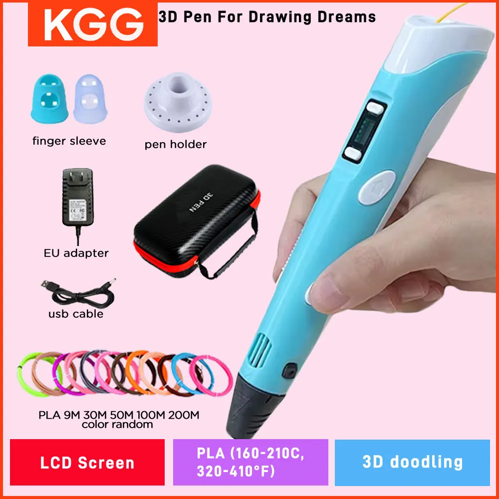 3D Printing Pen for Kids-LED Display PLA Filament DIY Toy Educational 9/50M PLA Filament With Travel PU Case DIY Drawing Gift