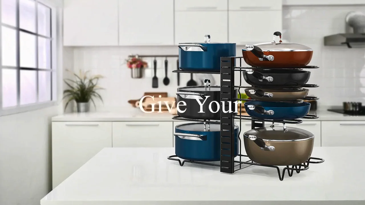 8-Tier Large Capacity Pot & Pan Organizer with Adjustable Lid Holders - Versatile Kitchen Storage Solution for Countertops and Cabinets, Durable Metal Construction