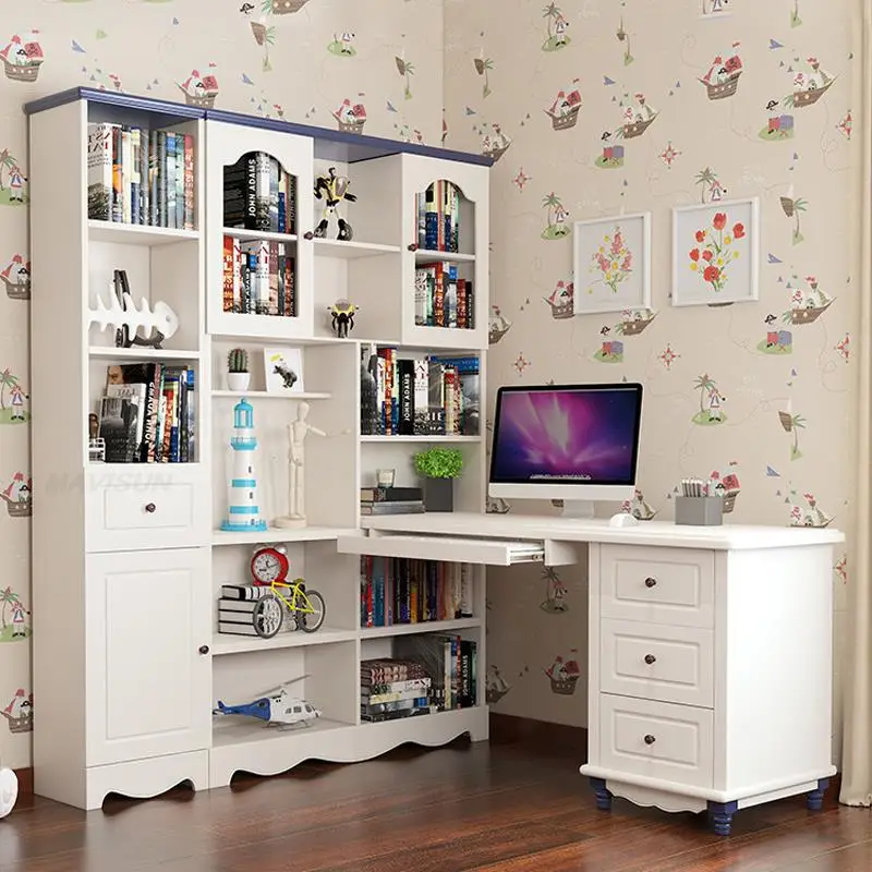 Modern Desk And Chair For Children Rectangle Wooden Computer Table With Three Drawers And Bookcase Boy Kids White Study Desk