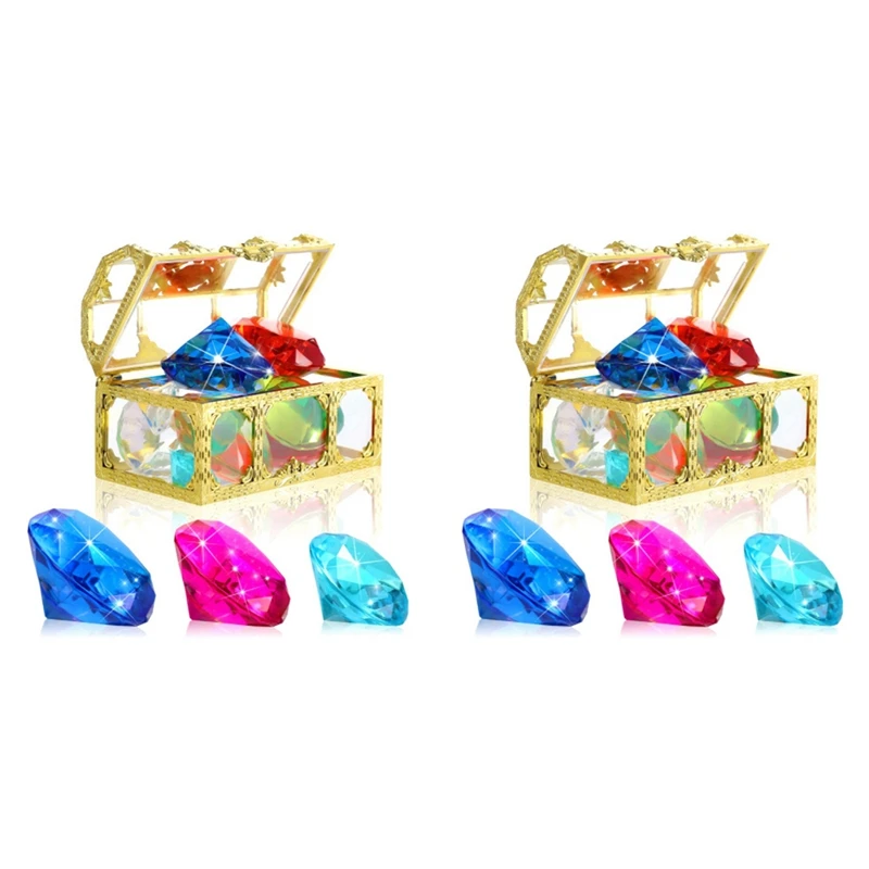 B05B-24Pcs Diving Gem Pool Toys Include Colorful Diamonds Set Dive Toy Treasure Chest Underwater Swimming Toy Gem Pirate Box