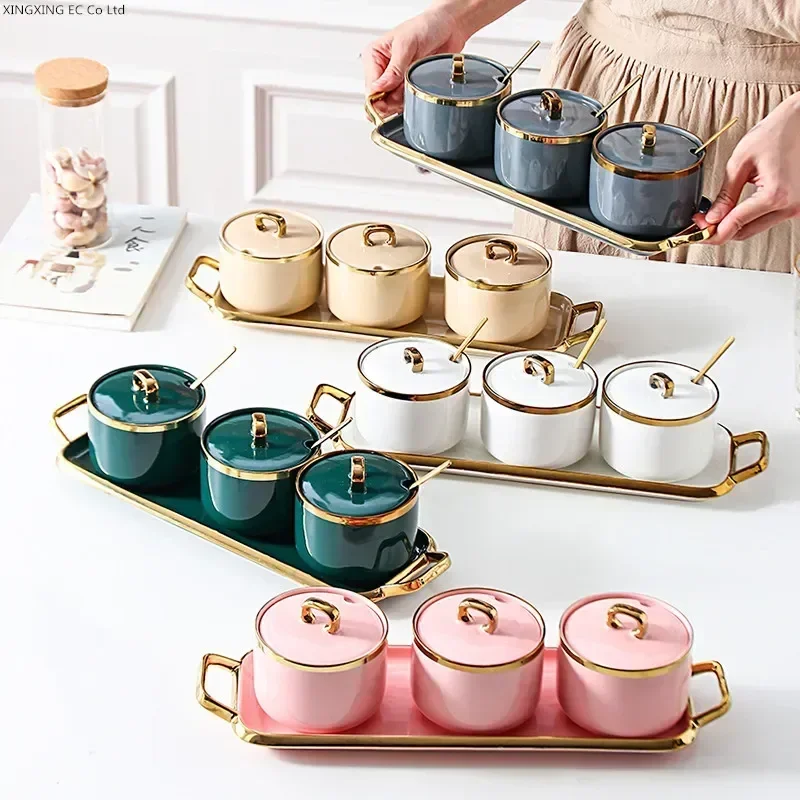 

Lid Storage Seasoning With Seasoning Kitchen Bottle Ceramic Jar Container Glass Bowl Jar Seasoning Box Nordic Household Sugar