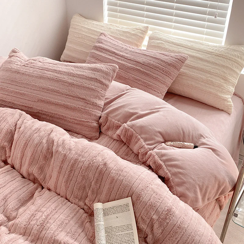 

Vertical rabbit velvet milk velvet bed set of four winter coral quilt cover thickened warm bedding set