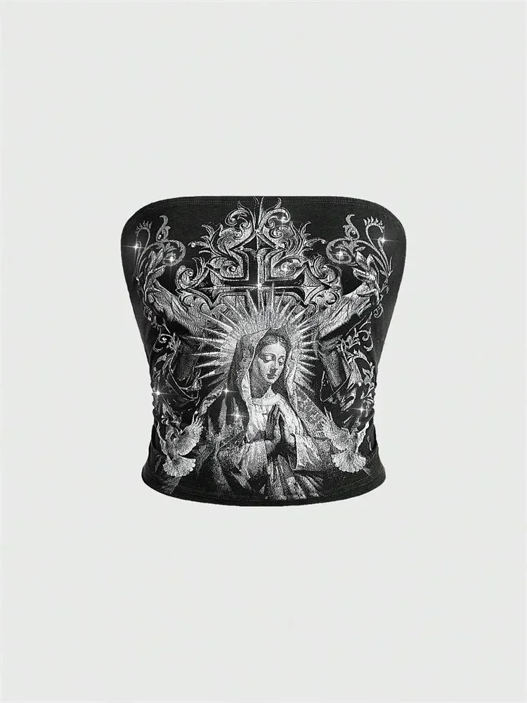 Gothic Print Tube Top for Women Summer Y2K Clothes Grunge Sleeveless Off The Soulder Crop Top Streetwear 1