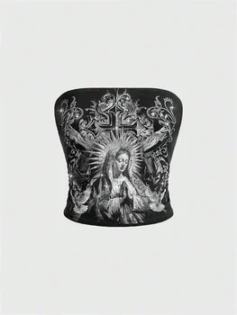 Gothic Print Tube Top for Women Summer Y2K Clothes Grunge Sleeveless Off The Soulder Crop Top Streetwear 1
