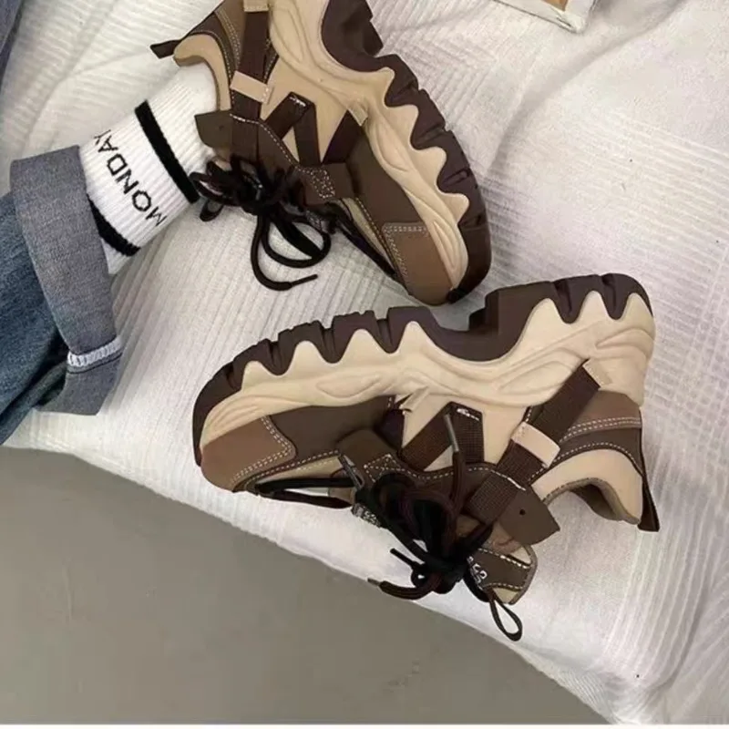 Black Brown Chunky Sneakers Women Spring Autumn Thick Bottom Dad Shoes Woman Fashion PU Leather Platform Sneakers Ladies D268 6
