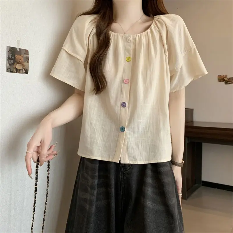Sweet Color Single-breasted Blouse Women's Clothing Fashion Folds Summer Elegant Square Collar Casual Short Sleeve Loose Shirt
