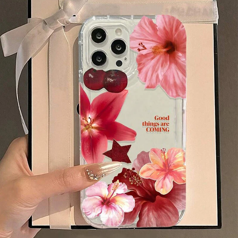 Cherry Flower Print Clear Case For iPhone 16 15 14 13 Pro Max 11 12 Mini X XR XS Max 7 8 Plus SE2 Stylish Shockproof Soft Cover 5