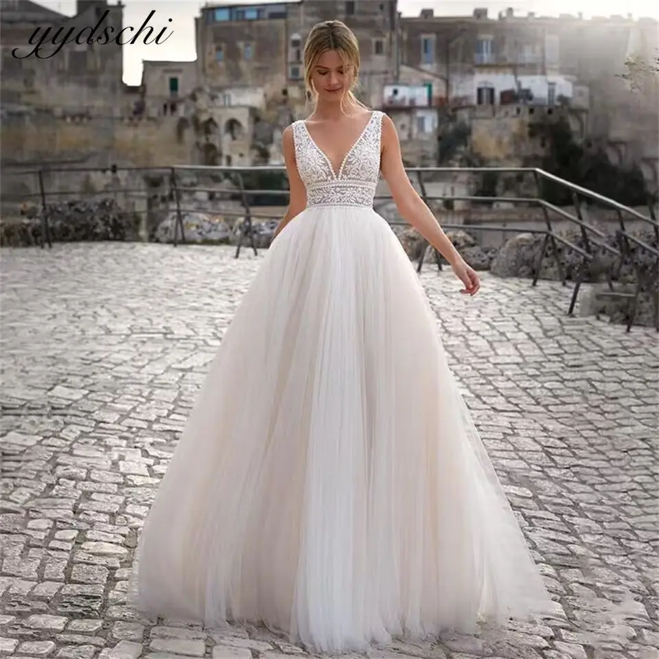 Elegant V-Neck Lace Tulle Backless Cut-out Wedding Dresses For Woman 2024 Sweep Train Ball Gowns Bridal Gowns vestidos de novia