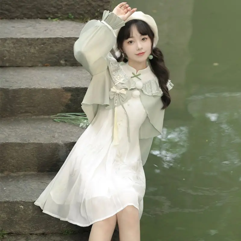

2024 chinese style girl hanfu bamboo desgin retro chinese elements improved two piece women's daily ancient hanfu dress set